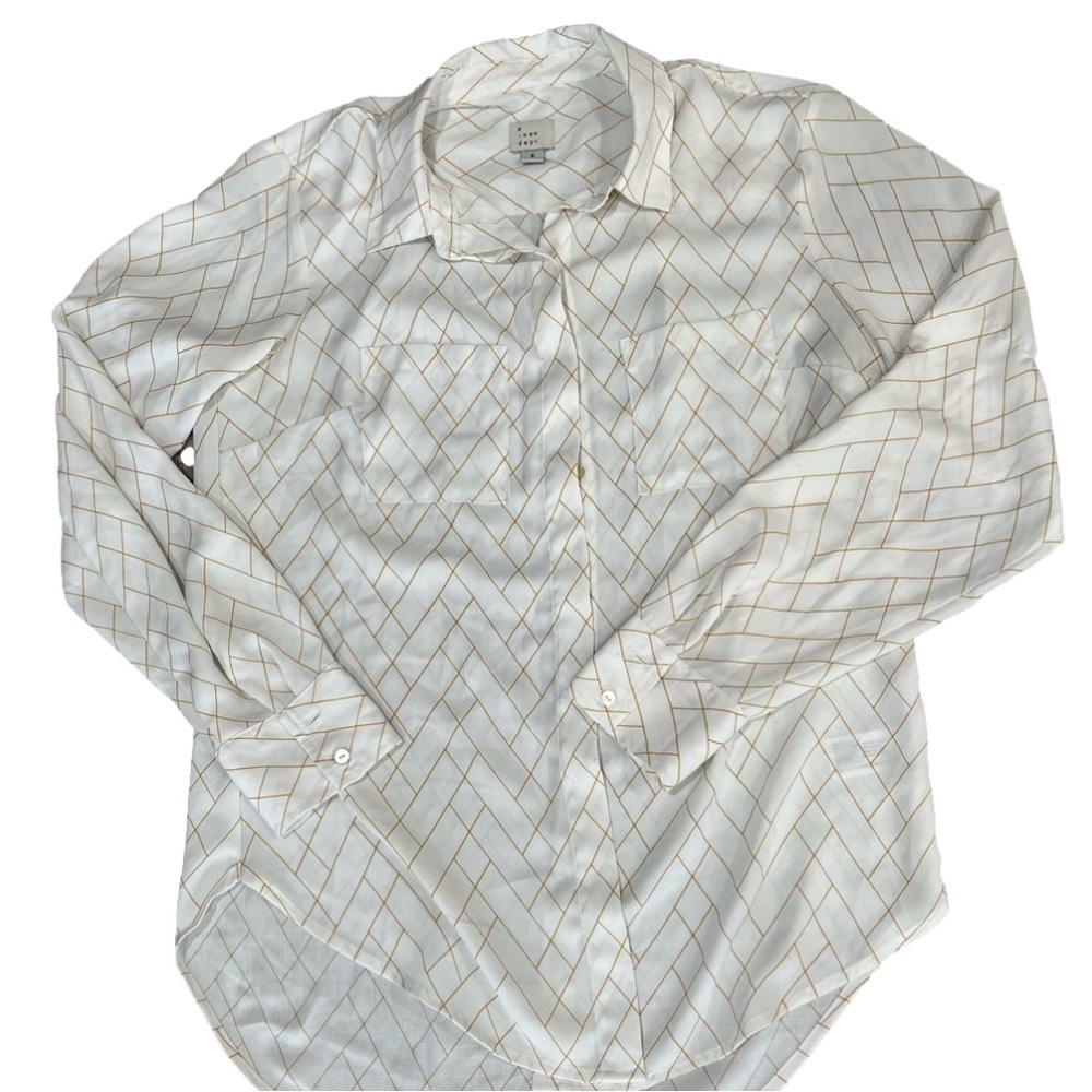 A New Day White Sheer Button Up Long Sleeve Shirt w/ Yellow Plaid Pattern Size S